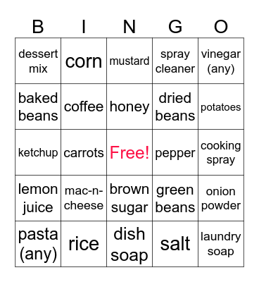 Pantry Shower Bingo Card