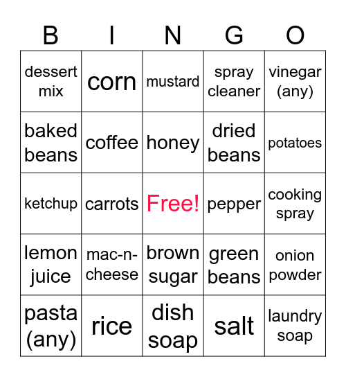 Pantry Shower Bingo Card