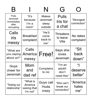 Love Island S7 E13 Bingo Card