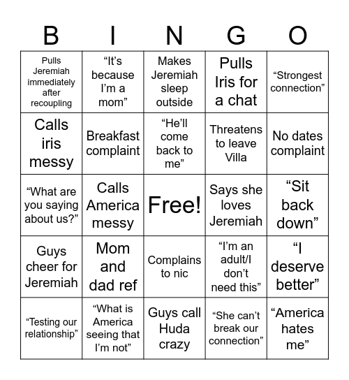 Love Island S7 E13 Bingo Card