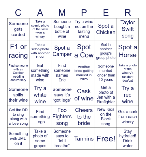 Jen's Hens Bingo Card