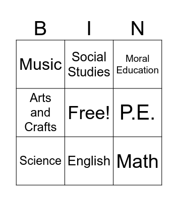 Subject Bingo Card