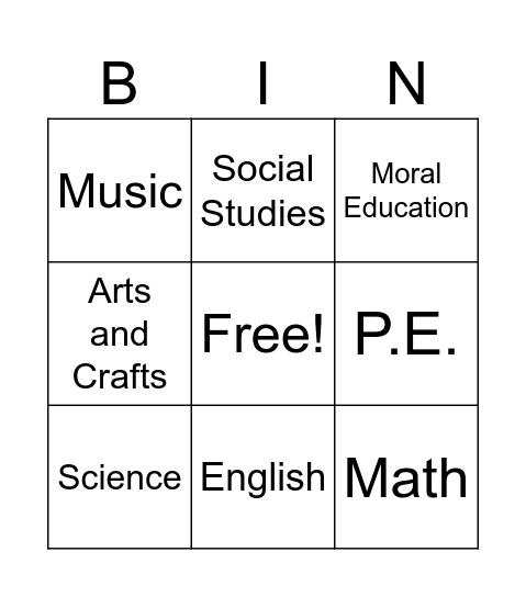 Subject Bingo Card