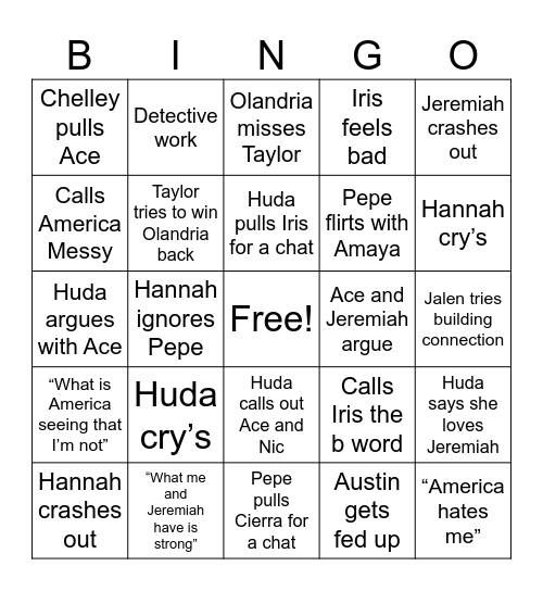 Love Island Bingo Card