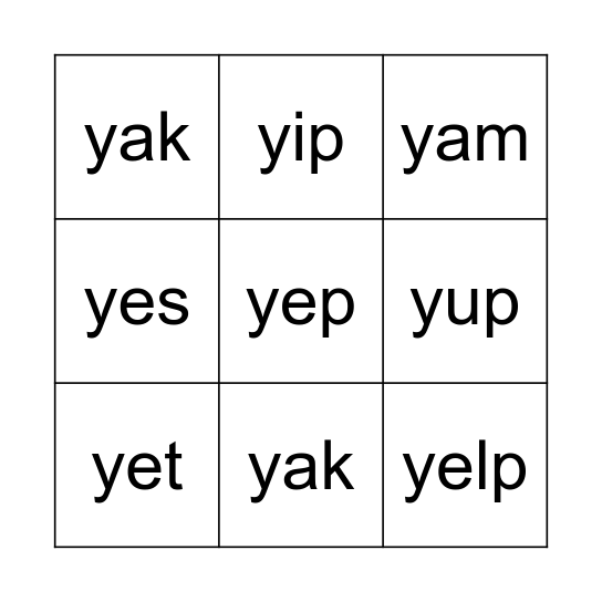 y Word Bingo Card