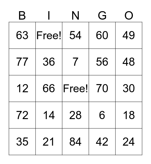 Six and Seven multiplication Bingo Card