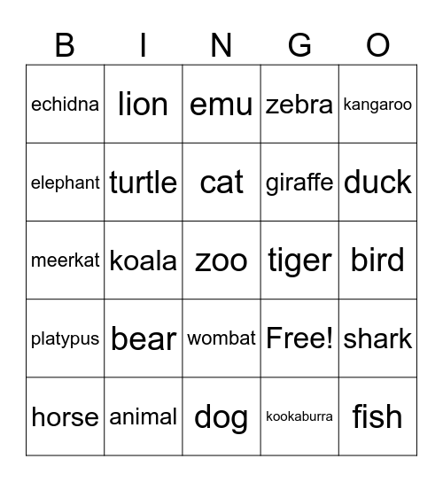 Auslan Animals Bingo Card