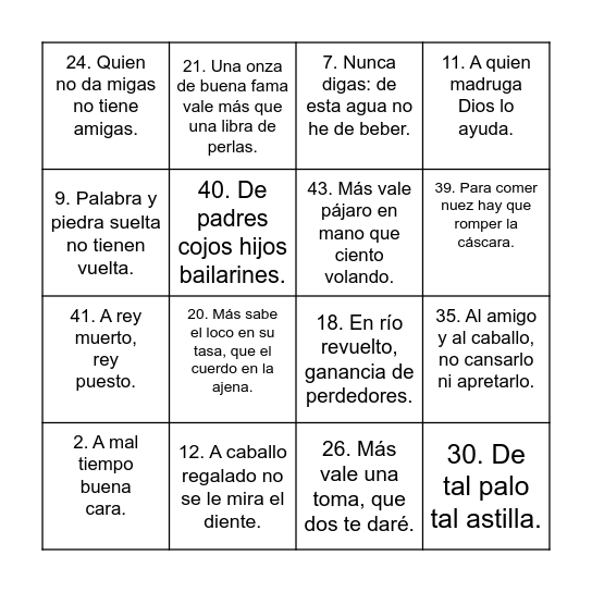 REFRANES Y DICHOS Bingo Card
