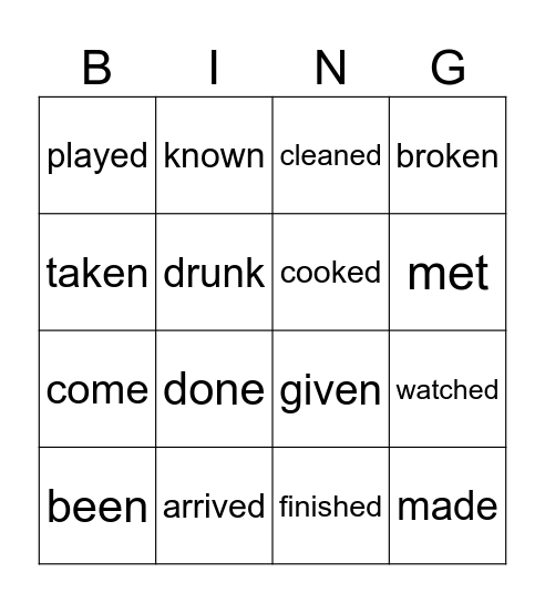 Past Participle Bingo Card