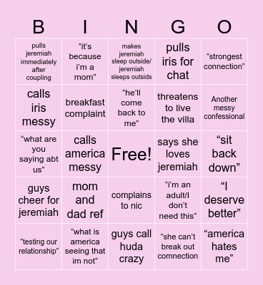 Love Island s7 ep13 Bingo Card