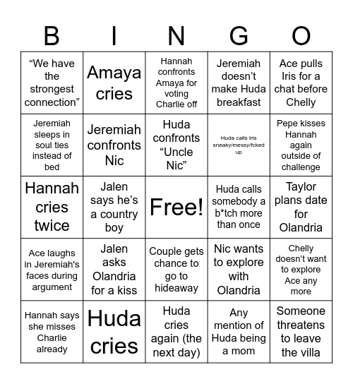 Love Island Ep. 13 Bingo Card