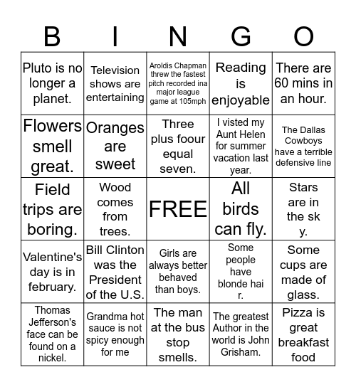 FACT AND OPINION BINGO Card