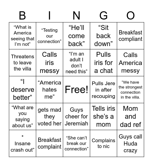 Love island USA ep 13 s7 Bingo Card
