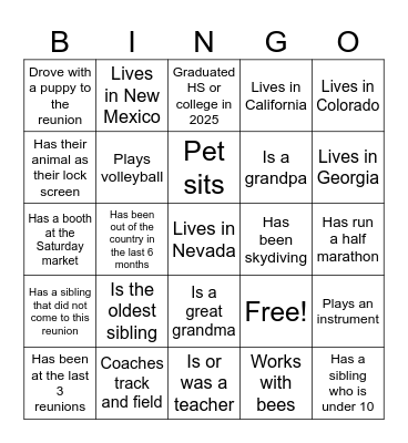 2025 Reunion Blackout BINGO Card