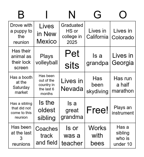 2025 Reunion Blackout BINGO Card