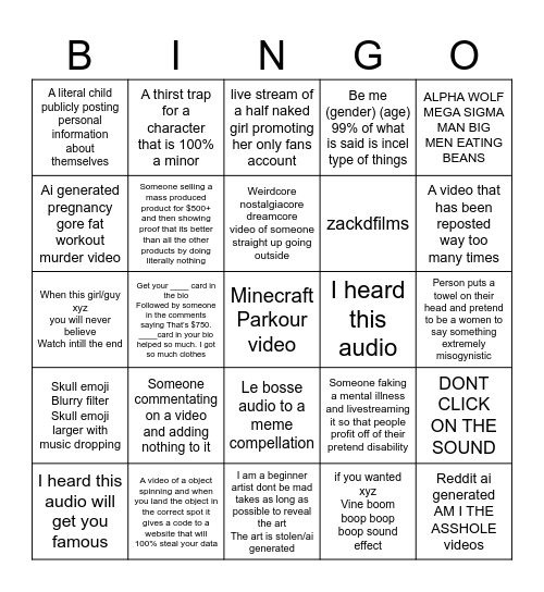 Specific youtube shorts bingo card Bingo Card