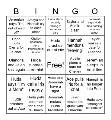 Love Island EP13 Bingo Card