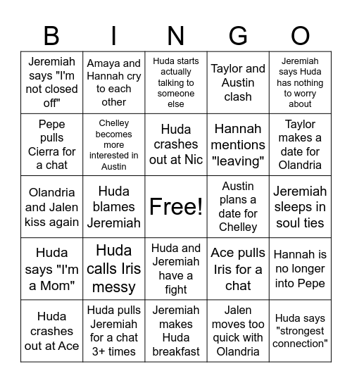 Love Island EP13 Bingo Card