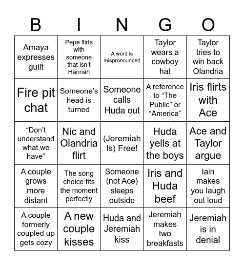 Love Island S7 E13 Bingo Card