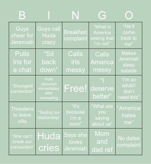 Love Island Bingo Card