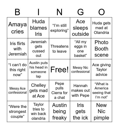 Love island Bingo Card