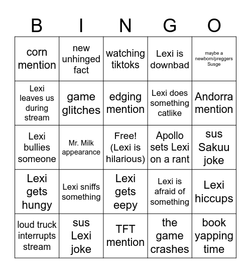 Lexi BINGO card Bingo Card