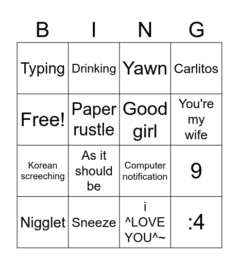 Kenny McCormick Noises Bingo Card