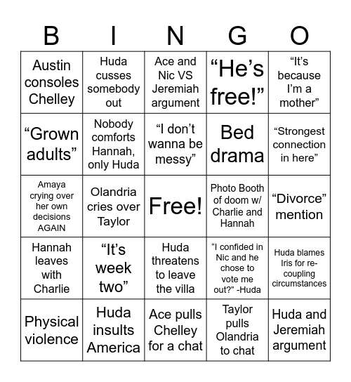 Episode 13 Love island Bingo Card