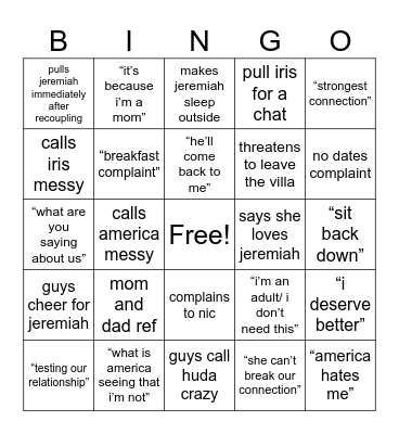 Love Island Bingo Card