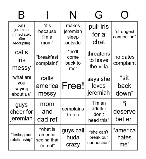 Love Island Bingo Card