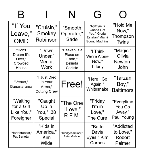 YY 10 80's Shamaties! Bingo Card