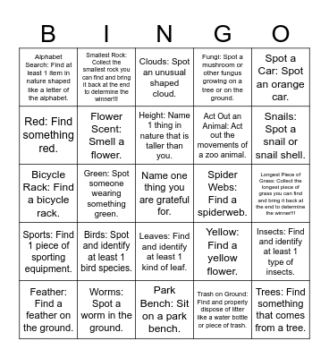 Nature Scavenger Hunt Bingo Card