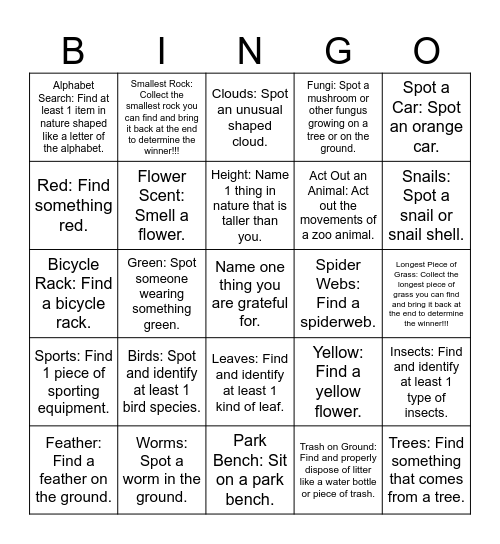 Nature Scavenger Hunt Bingo Card