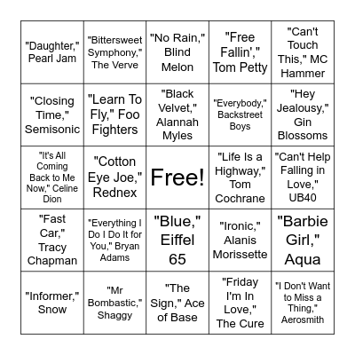 90's & 2000's mixed HITS! Bingo Card
