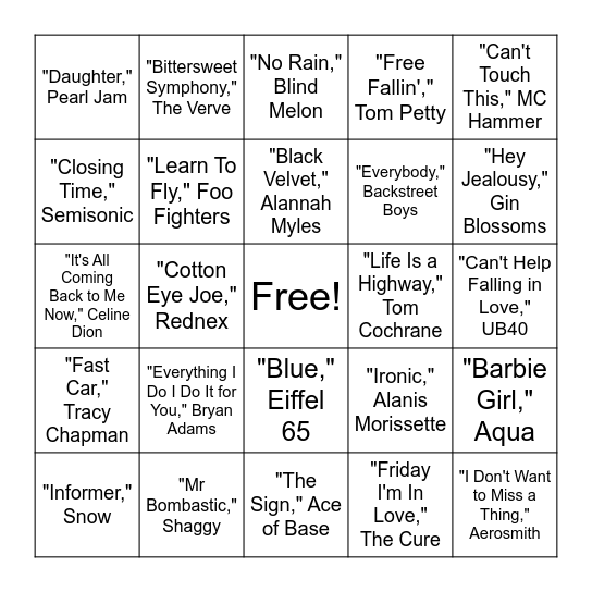 90's & 2000's mixed HITS! Bingo Card