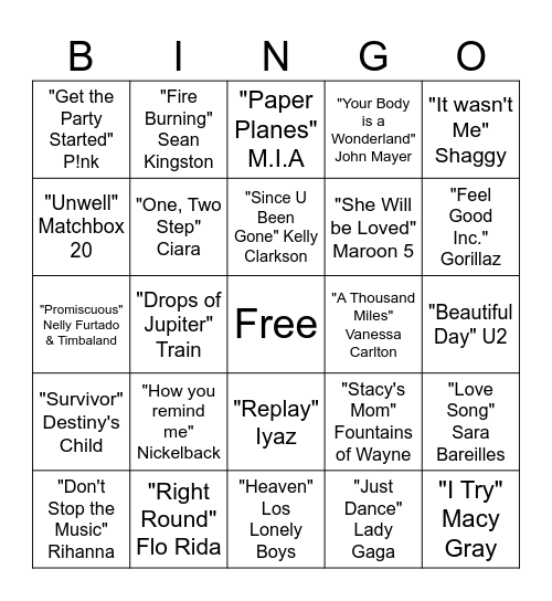 YY1 2000’s and MORE! Bingo Card