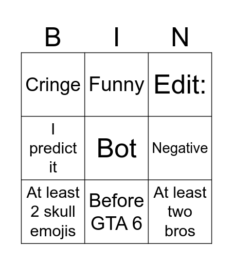 Yt shorts comment bingo Card
