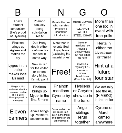 HSR 3.4 Livestream Bingo Card