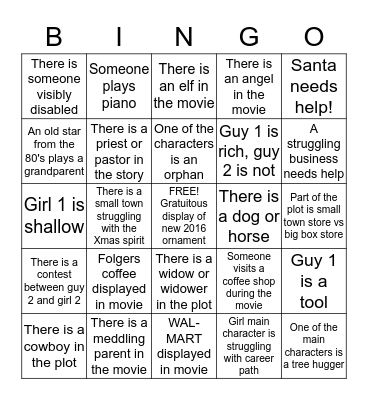 Hallmark Holiday Movie Premier 2016 Bingo Card