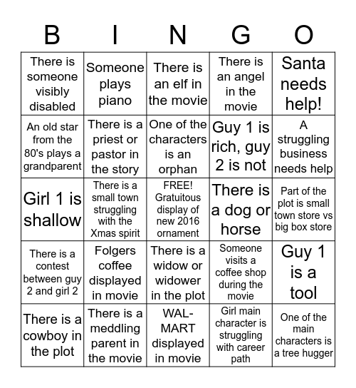 Hallmark Holiday Movie Premier 2016 Bingo Card