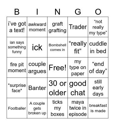 Love Island szn 12 Bingo Card