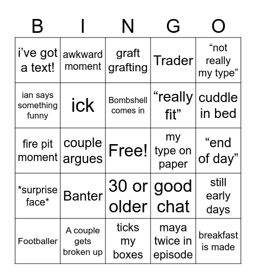 Love Island szn 12 Bingo Card