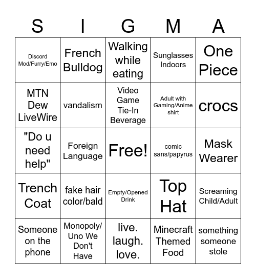 Lincoln Mall Bingo Card