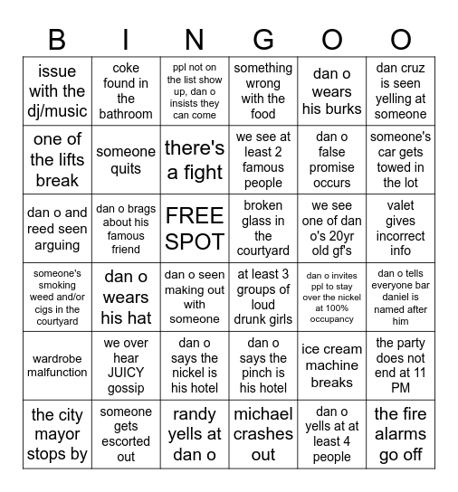 Dan O Chaos Bingo Card