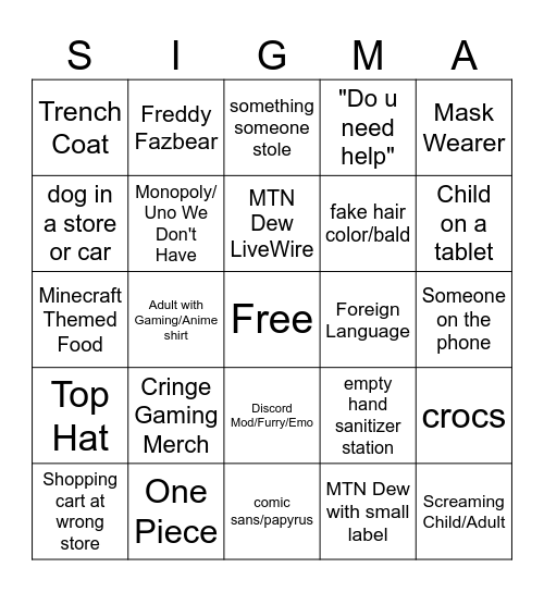 Lincoln Mall Bingo Card