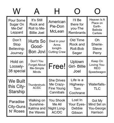 Wahoo Music Bingo Game #1 Bingo Card