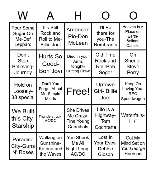 Wahoo Music Bingo Game #1 Bingo Card