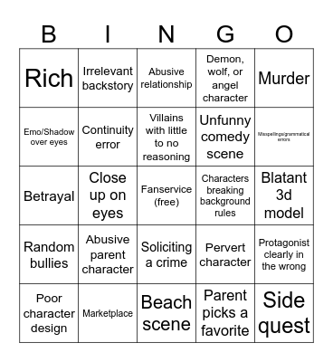 (Fantasy) Anime Cringe Bingo Card