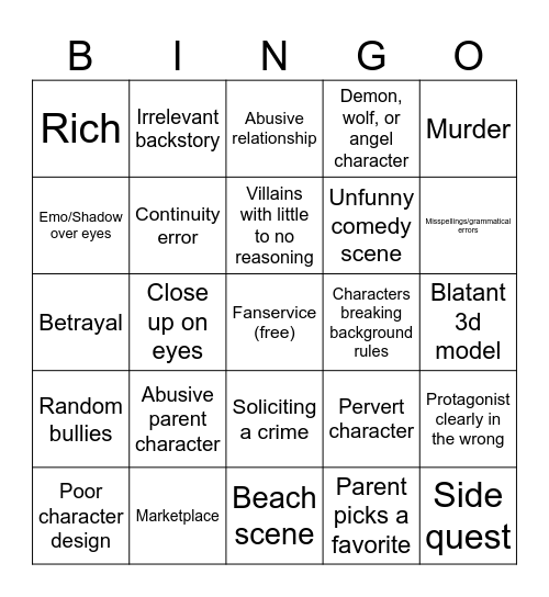 (Fantasy) Anime Cringe Bingo Card