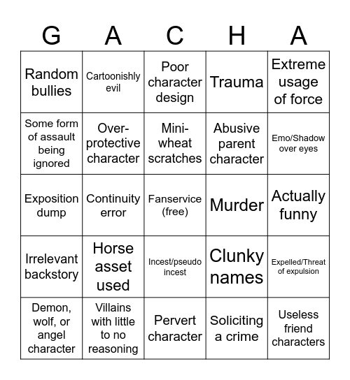 Fantasy Anime Cringe Bingo Card